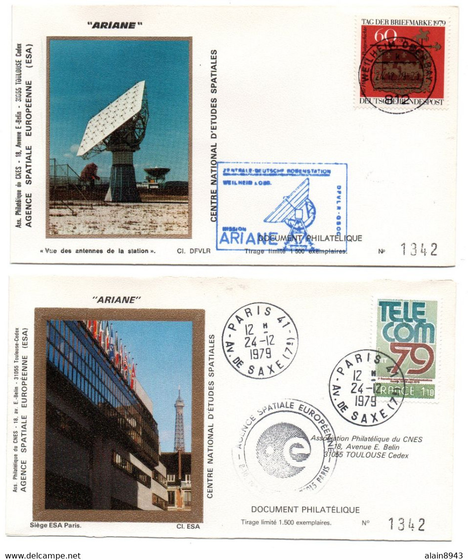 ARIANE L01 24/12/1979 - Pochette CNES Complète 10 Enveloppes (1 Lancement, 6 Traicking, 3 Sites + Carte Officielle ESA) - Europe