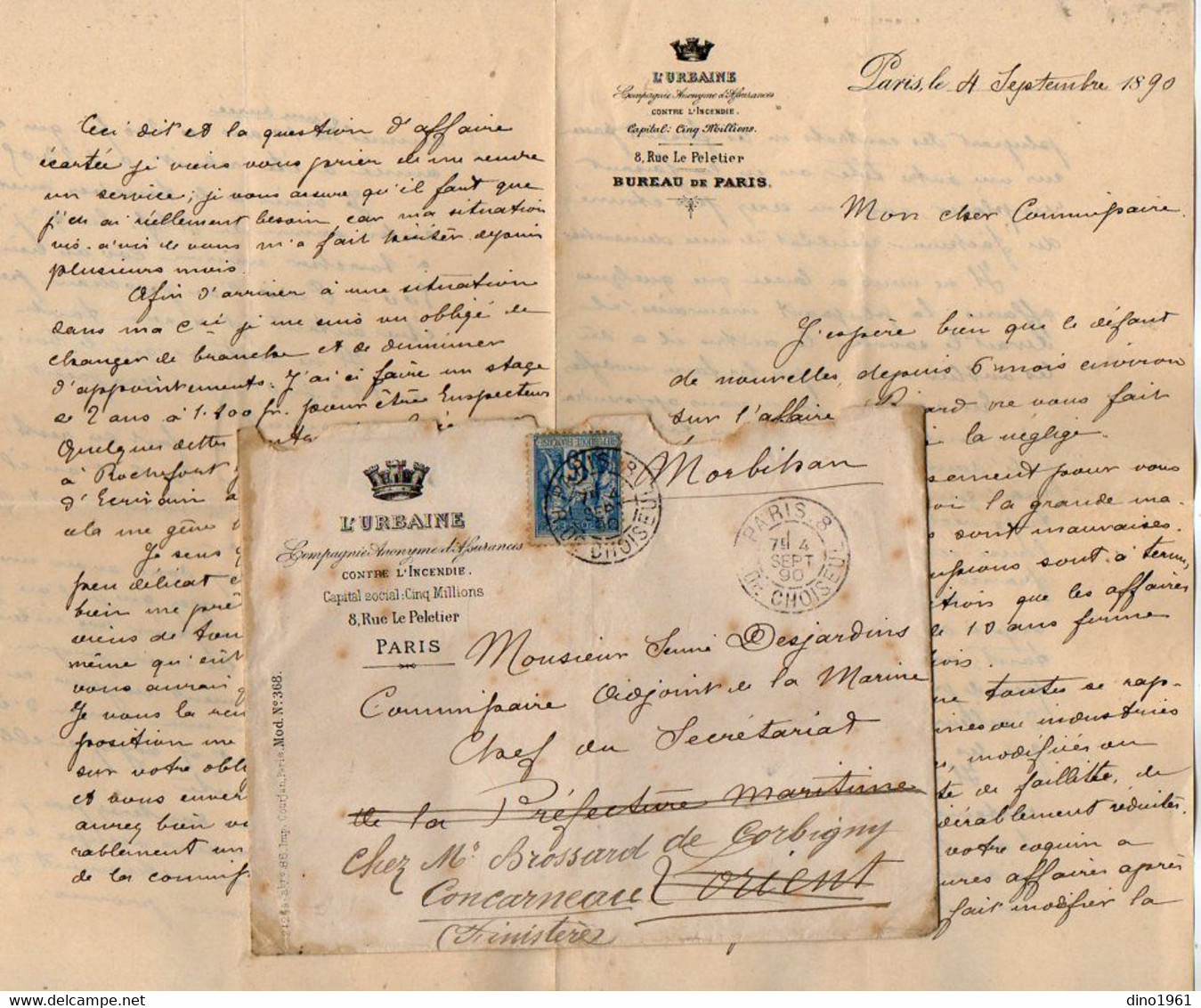 VP19.554 - PARIS 1890 - Lettre - Mr De BERCEGOL De La Cie D'Assurance L'URBAINE Pour Mr SENNE - DESJARDINS à CONCARNEAU - Banco & Caja De Ahorros