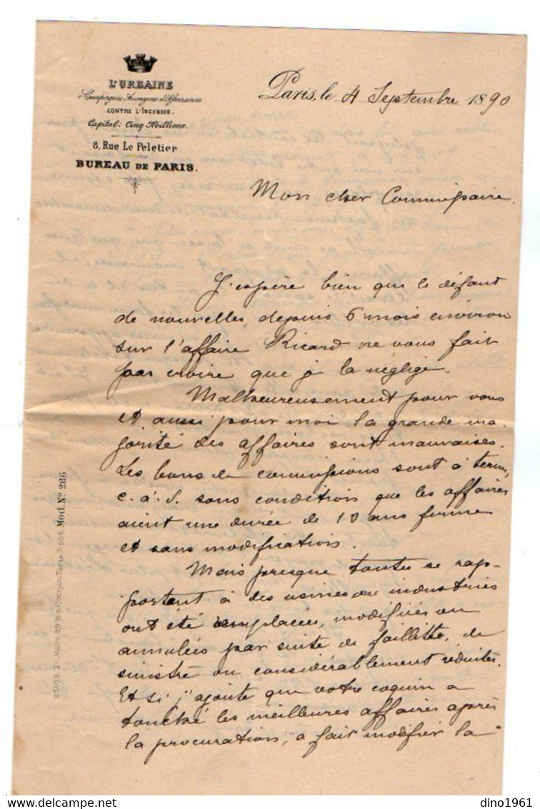 VP19.554 - PARIS 1890 - Lettre - Mr De BERCEGOL De La Cie D'Assurance L'URBAINE Pour Mr SENNE - DESJARDINS à CONCARNEAU - Banque & Assurance