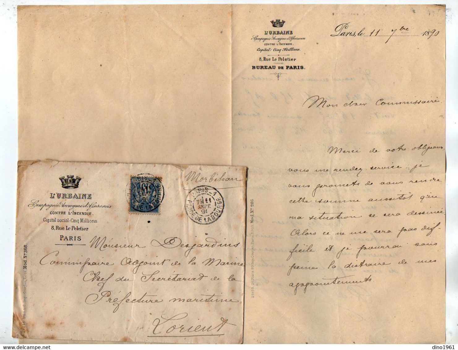 VP19.555 - PARIS 1890 - Lettre - Mr R. De BERCEGOL De La Cie D'Assurance L'URBAINE Pour Mr SENNE - DESJARDINS à LORIENT - Bank En Verzekering