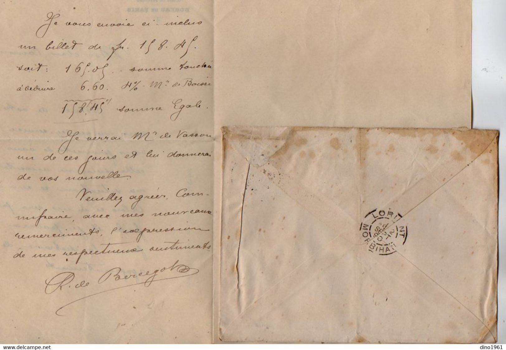 VP19.555 - PARIS 1890 - Lettre - Mr R. De BERCEGOL De La Cie D'Assurance L'URBAINE Pour Mr SENNE - DESJARDINS à LORIENT - Bank En Verzekering