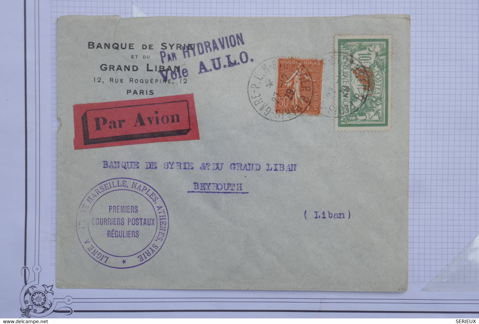 C FRANCE  BELLE LETTRE RARE 1929 BANQUE DE SYRIE PARIS  POUR BEYROUTH LIBAN+1ER VOL+N° 207 +VOIE  AULO+AFF. PLAISANT - 1960-.... Cartas & Documentos