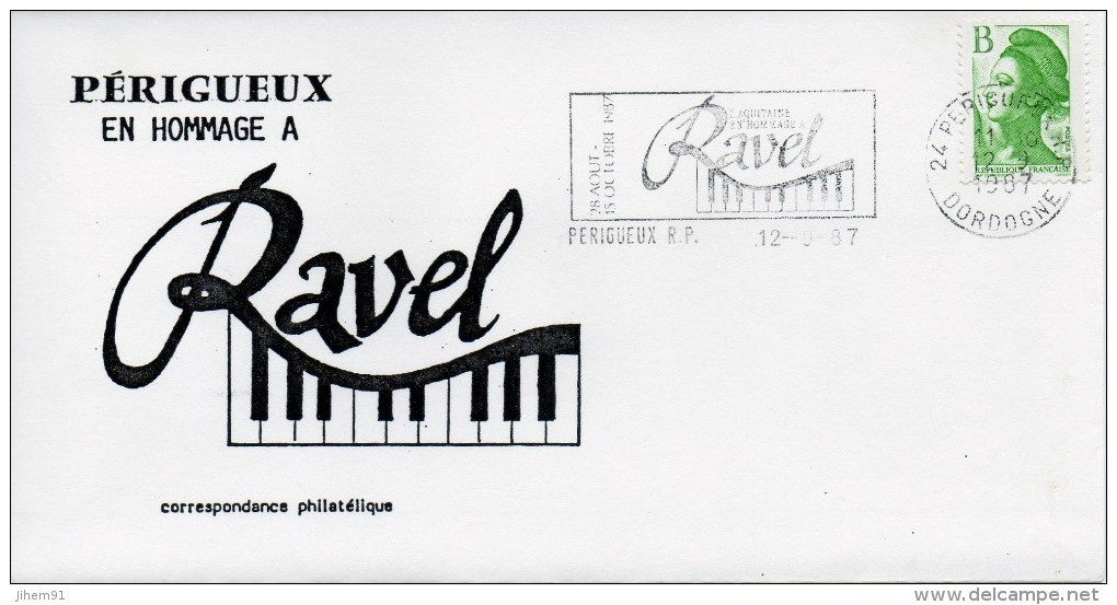 Flamme Sur Enveloppe : Hommage à Maurice Ravel (Périgueux RP, 24-Dordogne-Périgord) Du 12-09-1987 Sur YT 2483 - Annullamenti Meccanici (pubblicitari)
