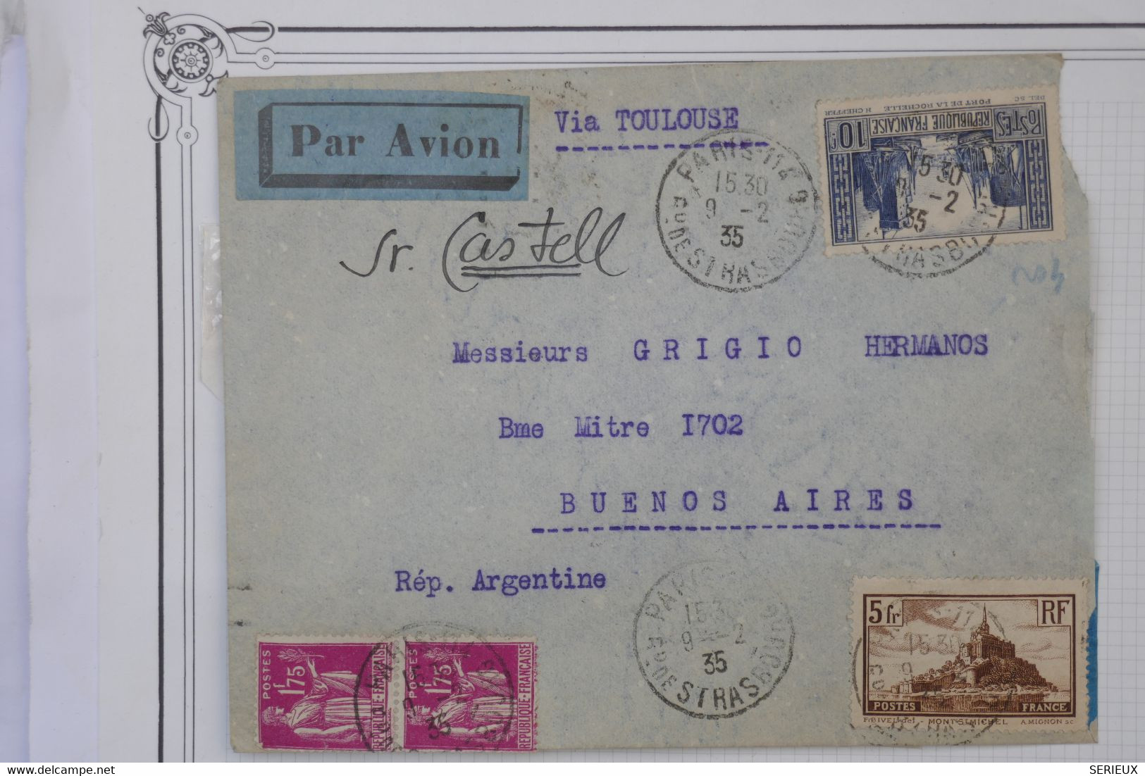 AH1 FRANCE  BELLE LETTRE RARE  1935  PARIS  POUR BUENOS AIRES ARGENTINA+SIGNEE DU PILOTE  CASTELL++++++AFF. PLAISANT - 1960-.... Brieven & Documenten