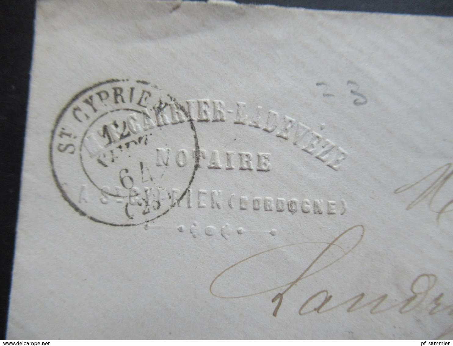 Frankreich 1864 Napoléon III. Michel Nr.21 EF Rauten Nummernstempel Und K2 St. Cyprien Geprägter Umschlag Notaire - 1862 Napoleon III