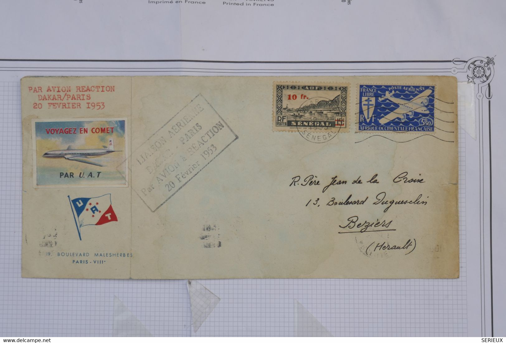 AH3 SENEGAL   BELLE LETTRE   1953  IER VOL DAKAR PARIS POUR BEZIERS+VIGNETTE+AEROPHILATELIE+AFF. PLAISANT - Posta Aerea