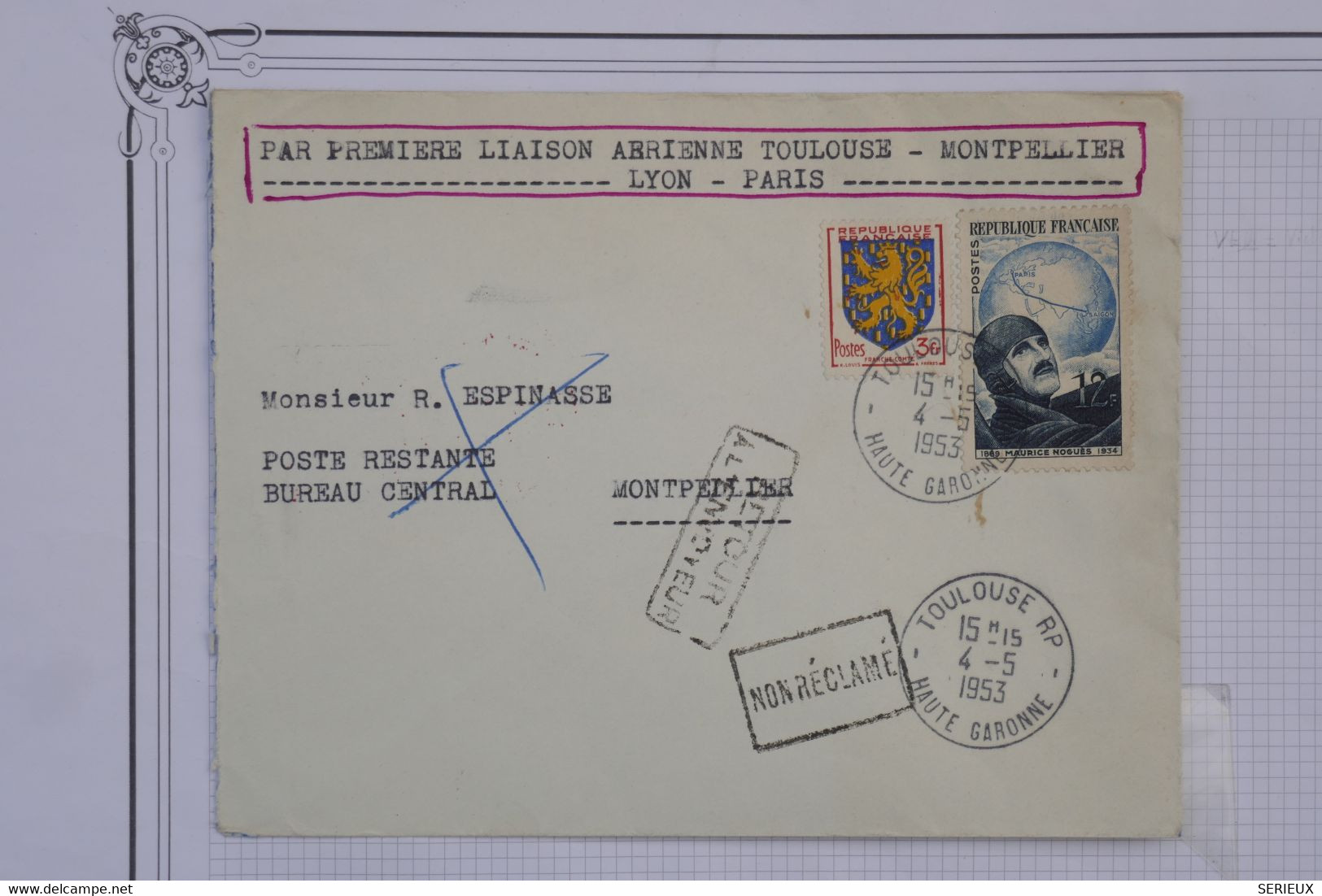 AH4 FRANCE  BELLE LETTRE   1953  IER VOL TOULOUSE  PARIS NON RECLAMé +++AEROPHILATELIE+AFF. PLAISANT - 1960-.... Lettres & Documents