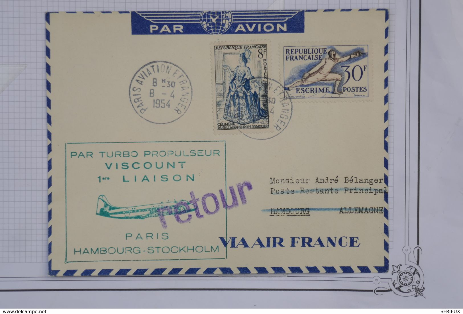 AH4 FRANCE  BELLE LETTRE   1954  IER VOL TURBO  PARIS HAMBURG STOCKHOLM +AIR FRANCE++AEROPHILATELIE+AFF. PLAISANT - 1960-.... Lettres & Documents