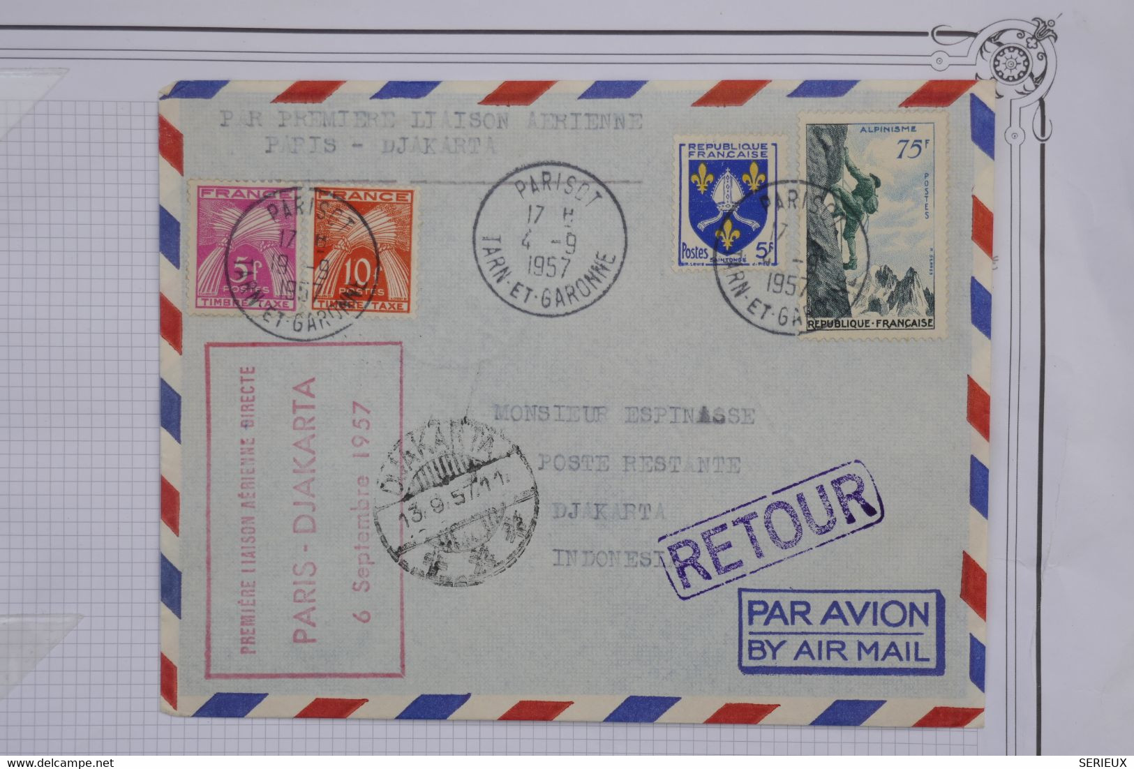 AH4 FRANCE  BELLE LETTRE   1957  IER VOL DIRECT   PARIS DJAKARTA INDONESIA+AIR FRANCE++AEROPHILATELIE+TAXE+AFF. PLAISANT - 1960-.... Lettres & Documents