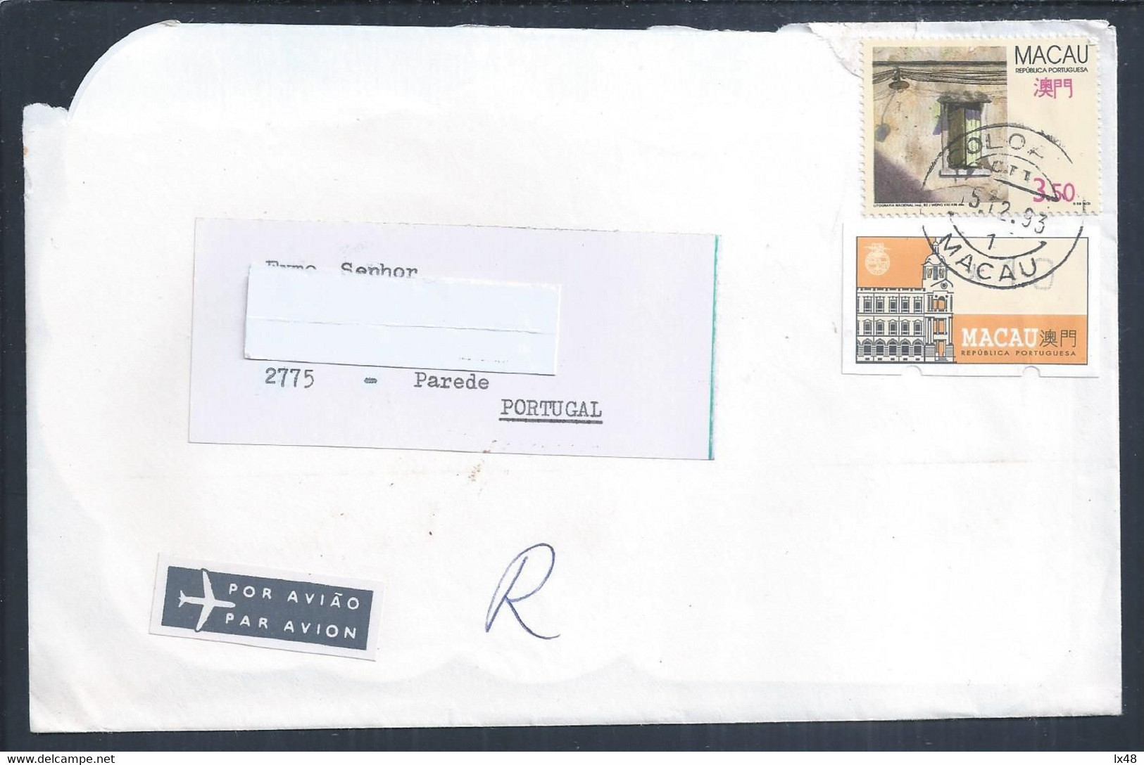Letter From Coloane, Macau With Franchise Printing Label, 1993. Carta De Coloane, Macau Com Etiqueta De Impressão De Fra - Covers & Documents