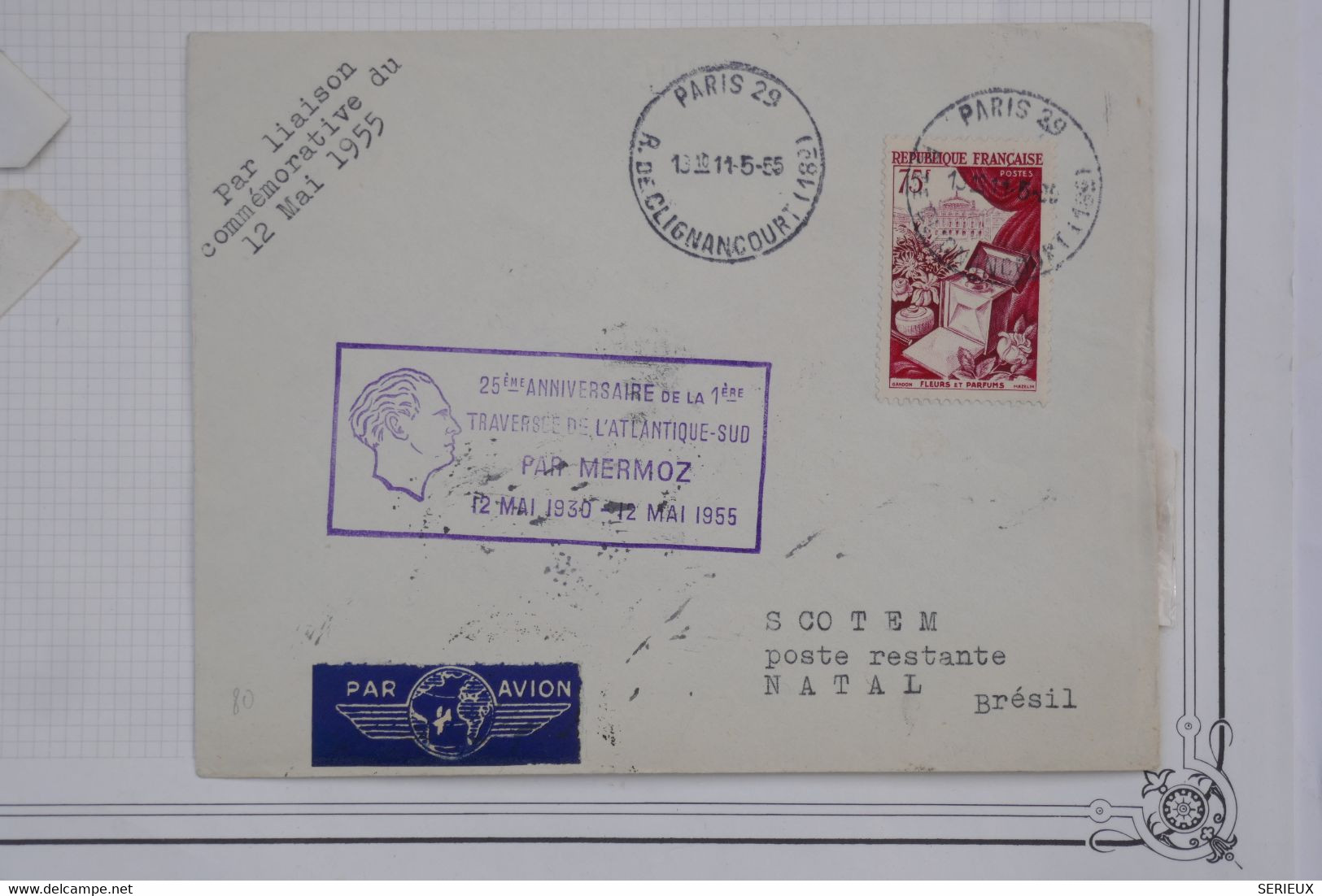 AH4 FRANCE  BELLE LETTRE   1955  PAR LIAISON AERIENNE PARIS NATAL BRESIL+MERMOZ++AEROPHILATELIE+AFF. PLAISANT - 1960-.... Briefe & Dokumente
