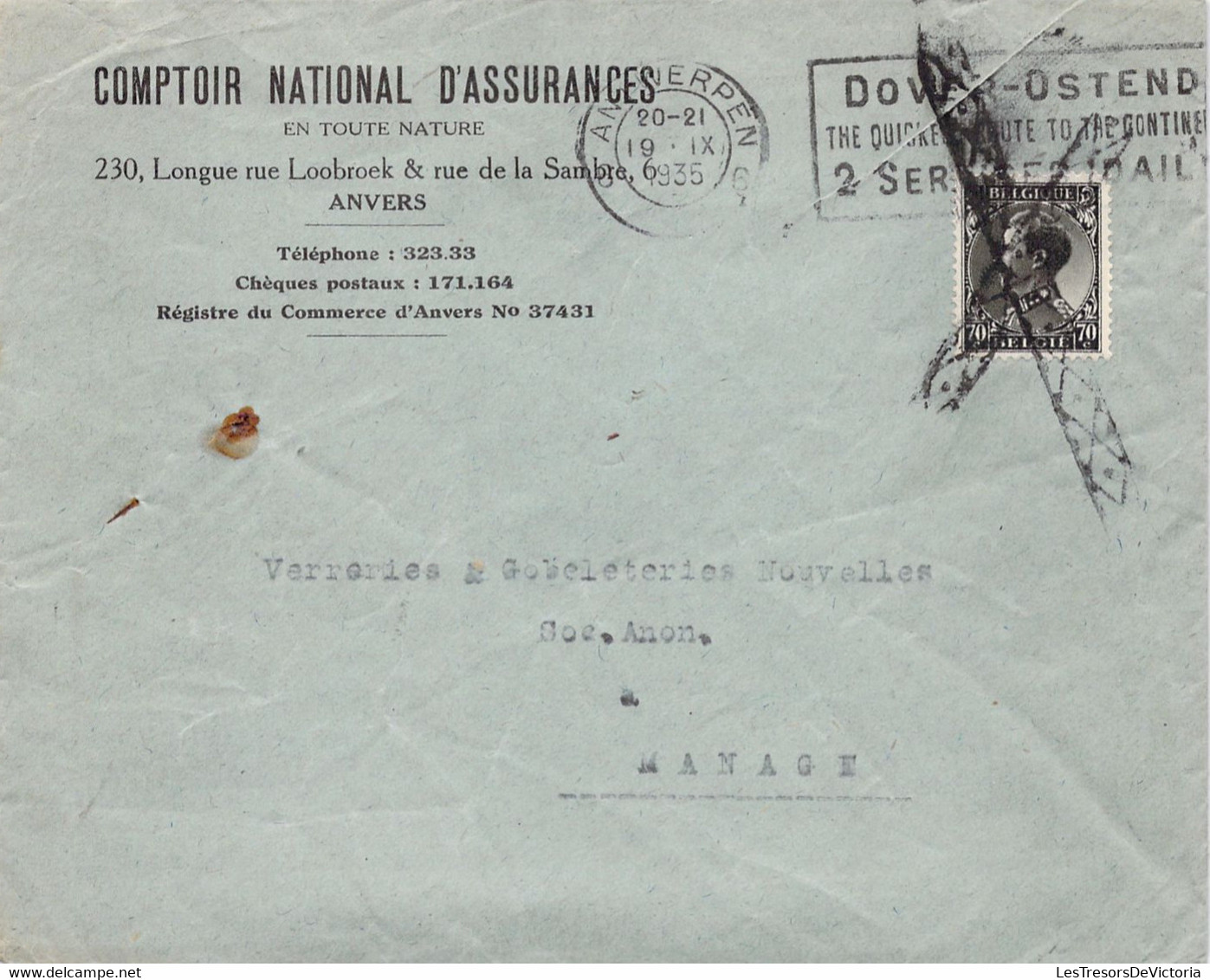 Belgique - Enveloppe Comptoir National D'assurances - 1935 - Annulation Roulette - Flamme Ostende - Briefe U. Dokumente