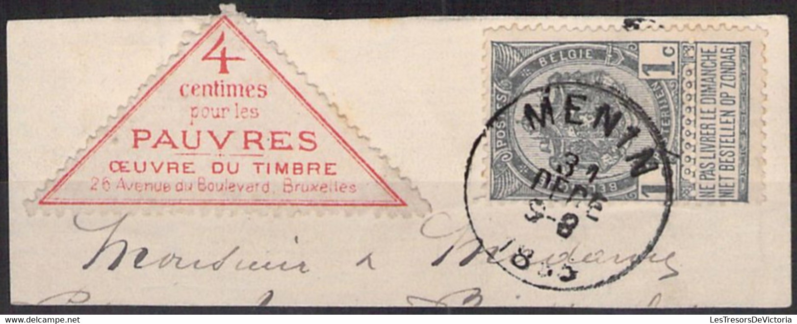Belgique - COB 53 Sur Fragment D' Enveloppe Avec Etiq. Timbre Triangle 4 Centimes Pour Les Pauvres - 1895 - Private & Local Mails [PR & LO]