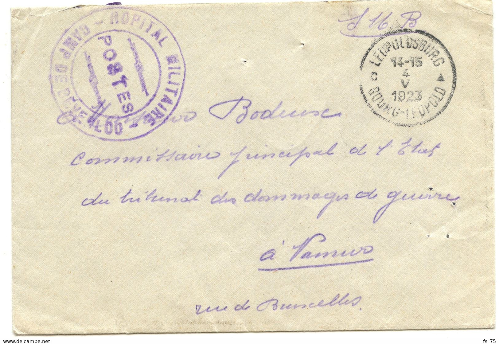 BELGIQUE -SIMPLE CERCLE BILINGUE BOURG-LEOPOLD + HOPITAL MILITAIRE POSTES CAMP DE BEVERLOO SUR LETTRE EN FRANCHISE, 1923 - Franchise