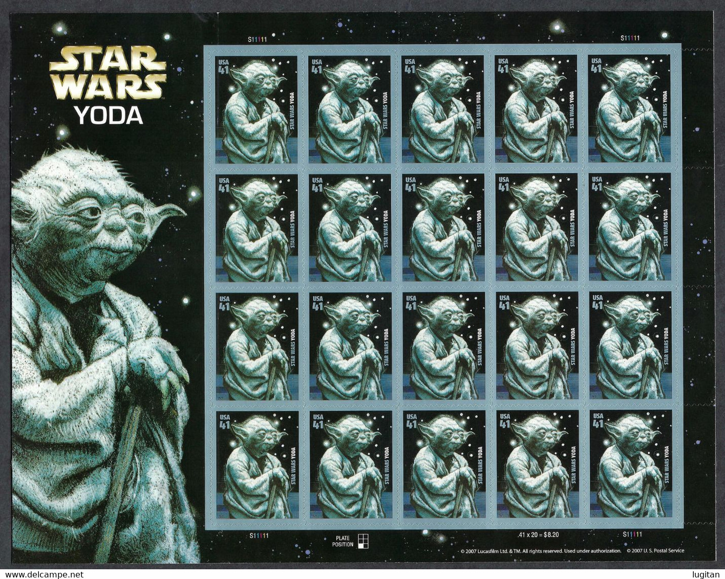 Stati Uniti - United States  41¢ Star Wars - Yoda (2007). Mini-sheet Of 20 Stamps. MNH - Minifoglio 20 Esemplari Nuovi - Hojas Completas