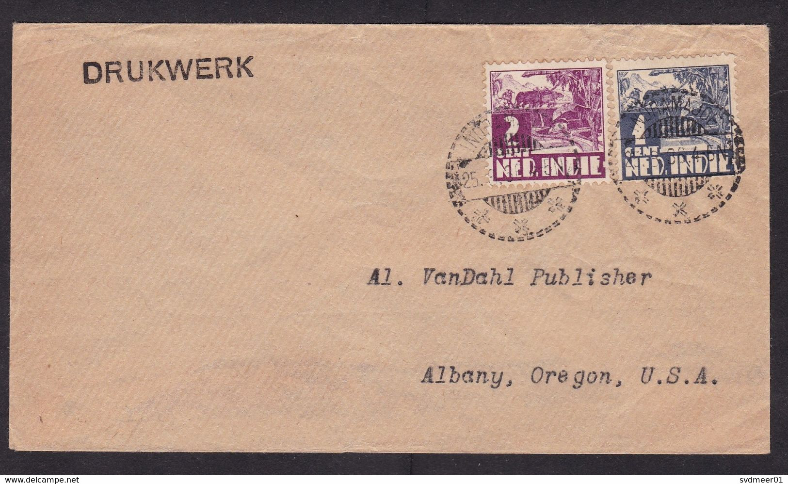 Dutch Indies: Cover To USA, 1936, 2 Stamps, Agriculture, Rare Cancel Indramajoe (minor Damage At Back) - Nederlands-Indië