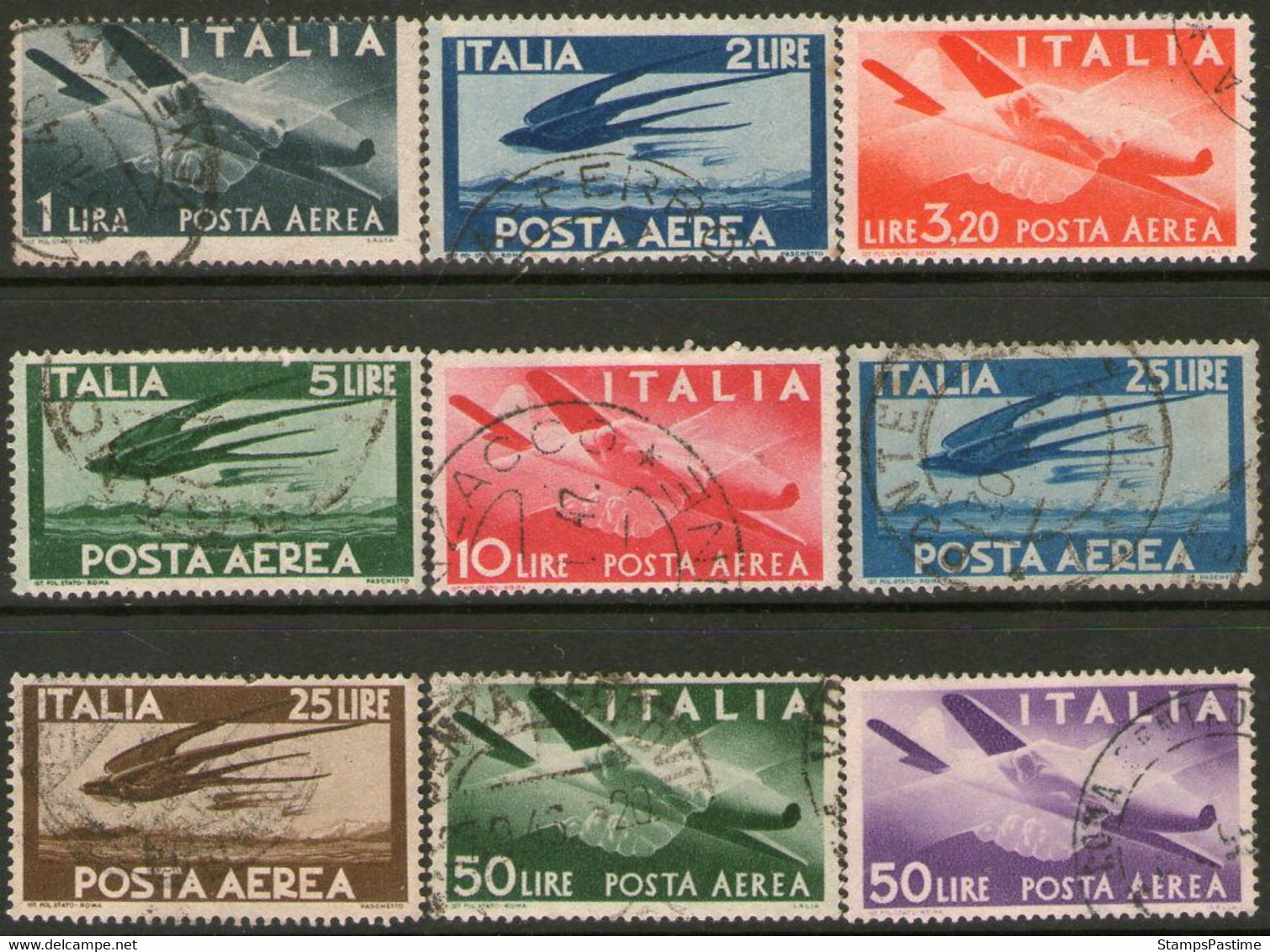 ITALIA (ITALY) Serie Aérea Completa X 9 Sellos Usados AVIÓN - GOLONDRINAS Año 1945 – Valorizada En Catálogo U$S 35.00 - Posta Aerea