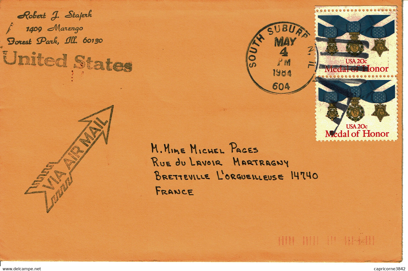 1984 - Lettre Des USA Pour La France  - Tp N° 1483 Avec Cachet De SOUTH SUBURBAN - Marcophilie