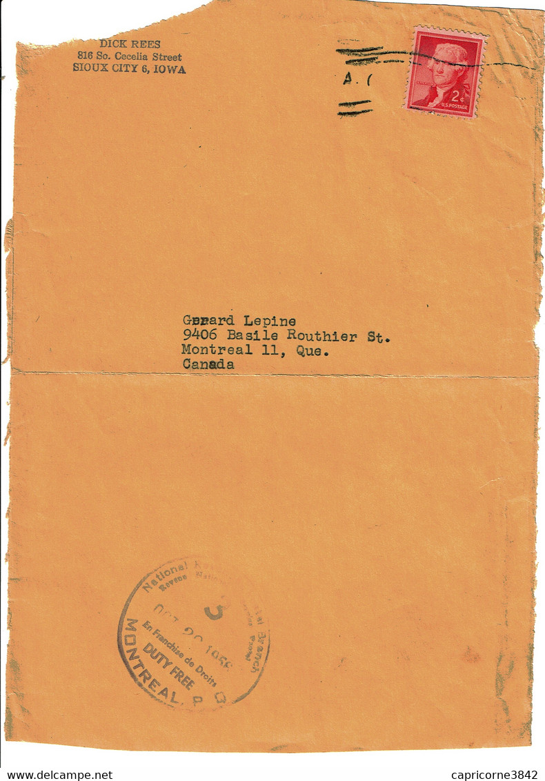 1956 -  Lettre De SIOUX CITY (Iowa) Pour Le Canada + Cachet DUTY FREE  De Montréal- Only Front Of Envelope - Marcofilia