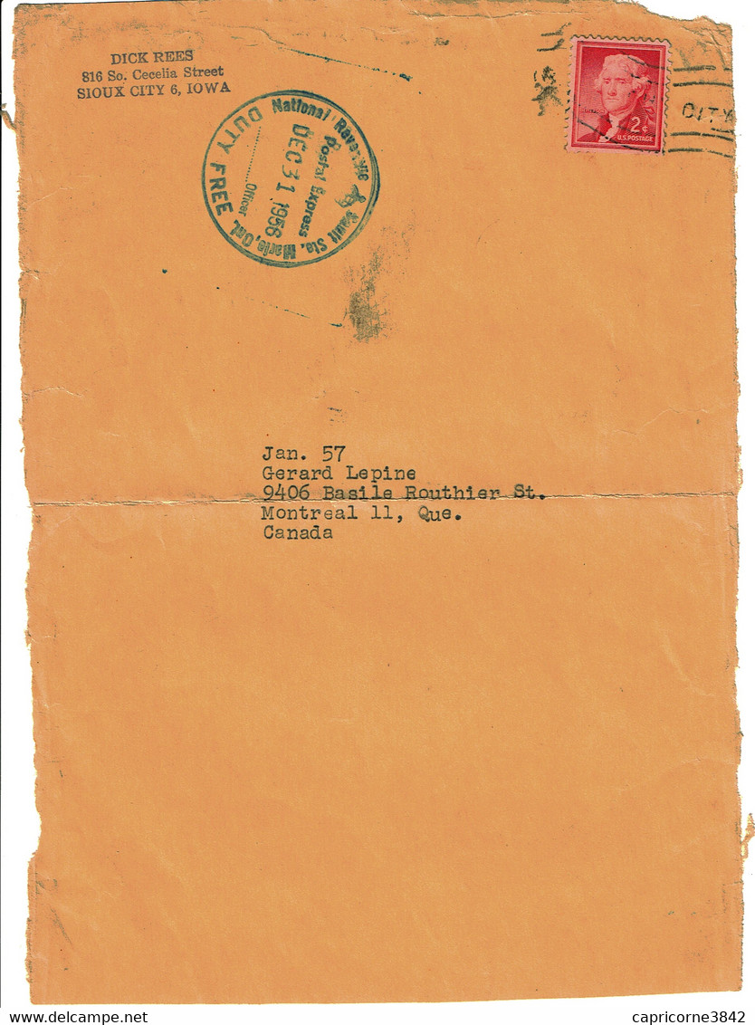 1958 - Lettre De SIOUX CITY (Iowa) Pour Le Canada + Cachet DUTY FREE -  Only Front Of Envelope - Postal History