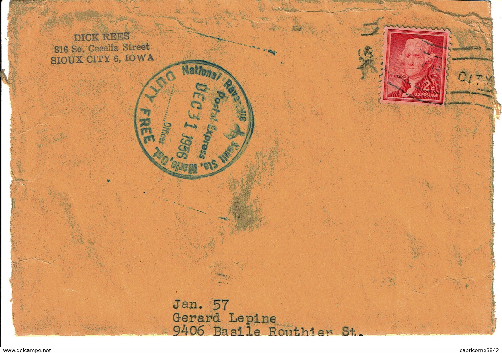 1958 - Lettre De SIOUX CITY (Iowa) Pour Le Canada + Cachet DUTY FREE -  Only Front Of Envelope - Marcophilie