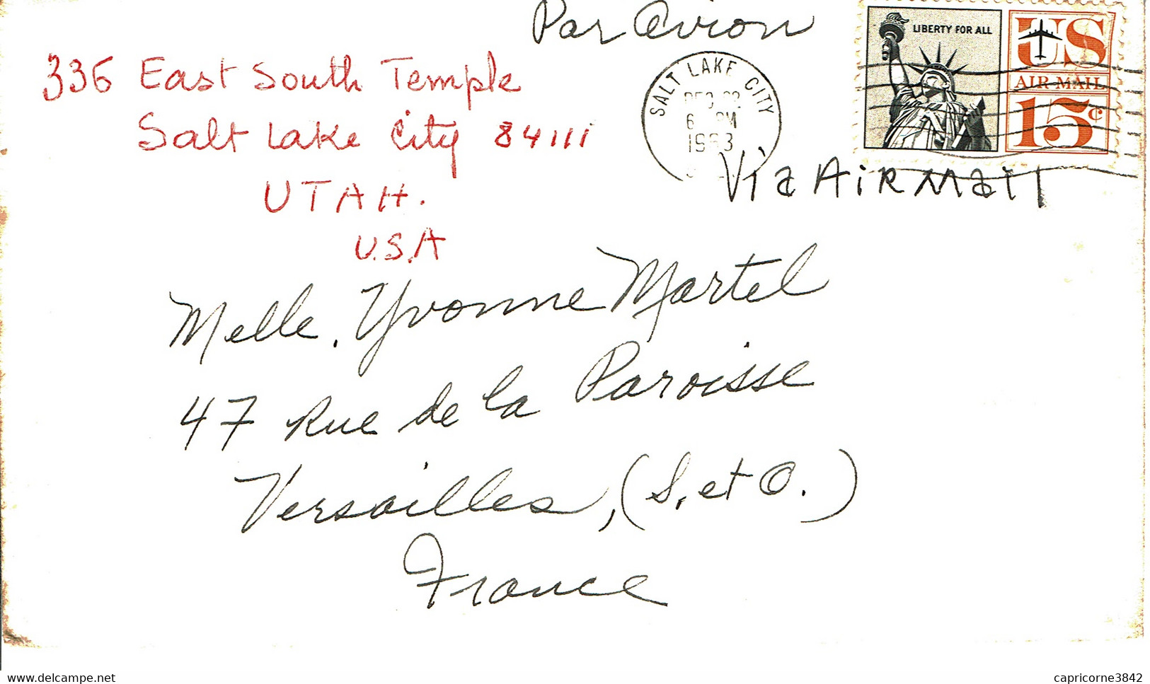 1963 - Lettre De SALT LAKE CITY Pour La France -  Tp N° PA59 - Marcophilie