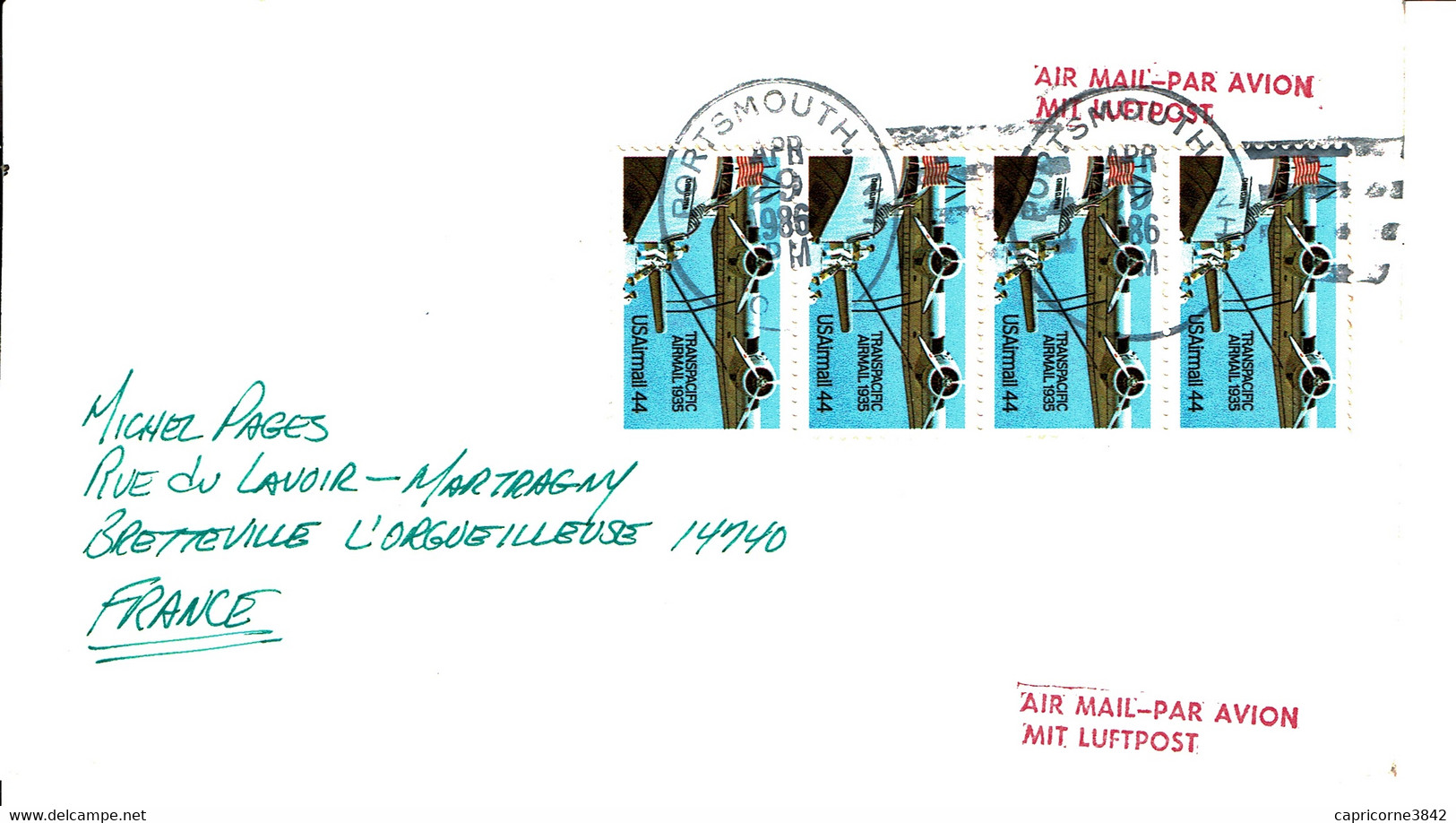 1986 - Lettre Avec Cachet "PORTHMOUTH N.H." Pour La France - Tp N° 109 -  Cut Of The Envelope On The Left - Postal History