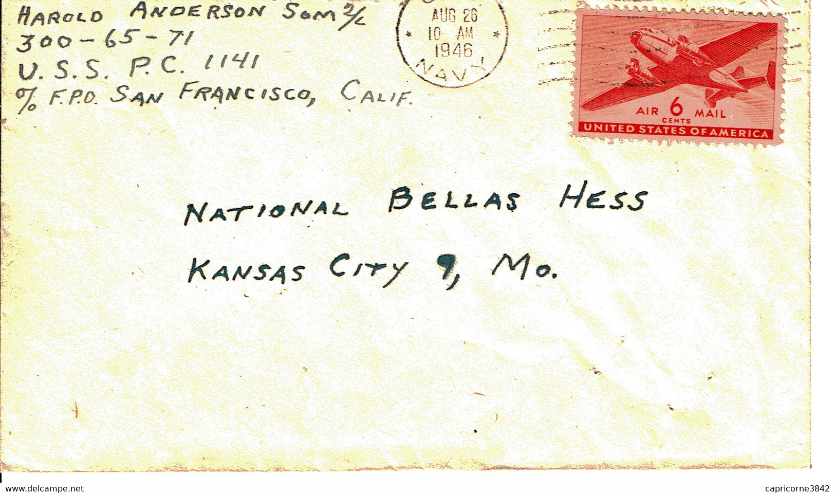 1946 - Lettre Pour KANSAS CITY Avec Cachet De "U.S. NAVY" -  Tp Yvert N° 26 - Postal History