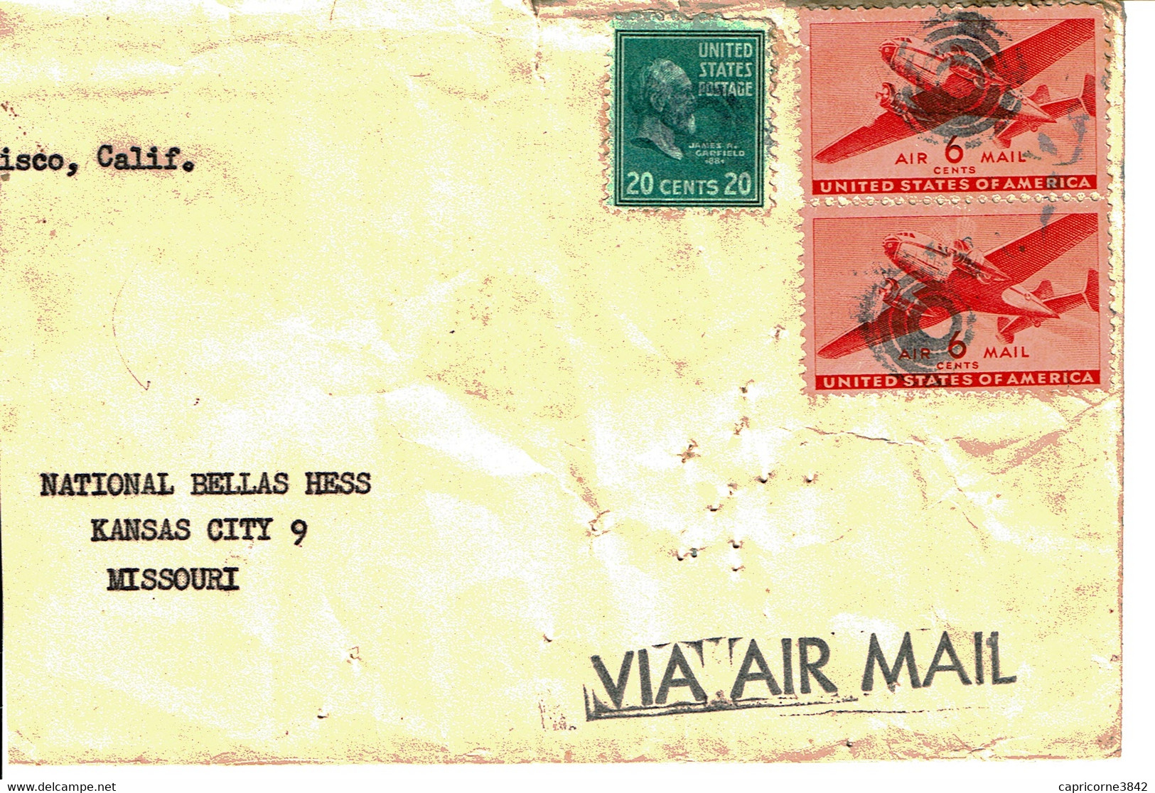 1946 - Lettre De SAN FRANCISCO Pour Kansas City - Tp Yvert N° PA26 + 390 -  See Cancellations On The Back -  Holes Pin - Marcophilie