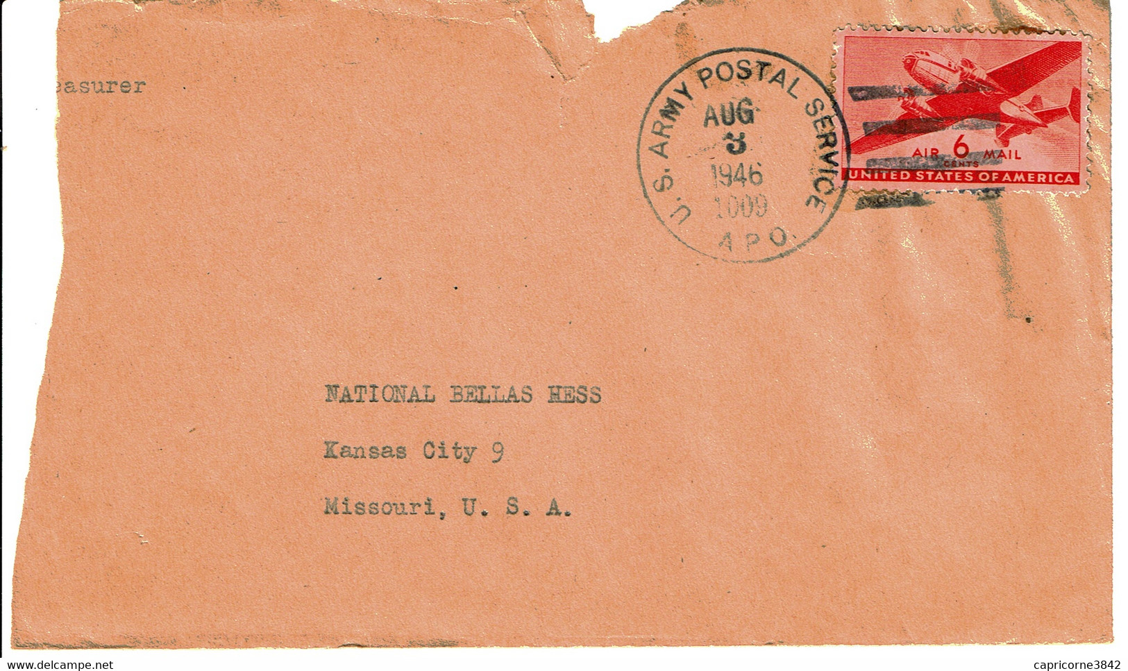 1946 - Cachet "U.S. ARMY POSTAL SERVICE - APO" Pour Kansas City -  Cut Of The Envelope On The Left - Tear At The Top - Marcophilie