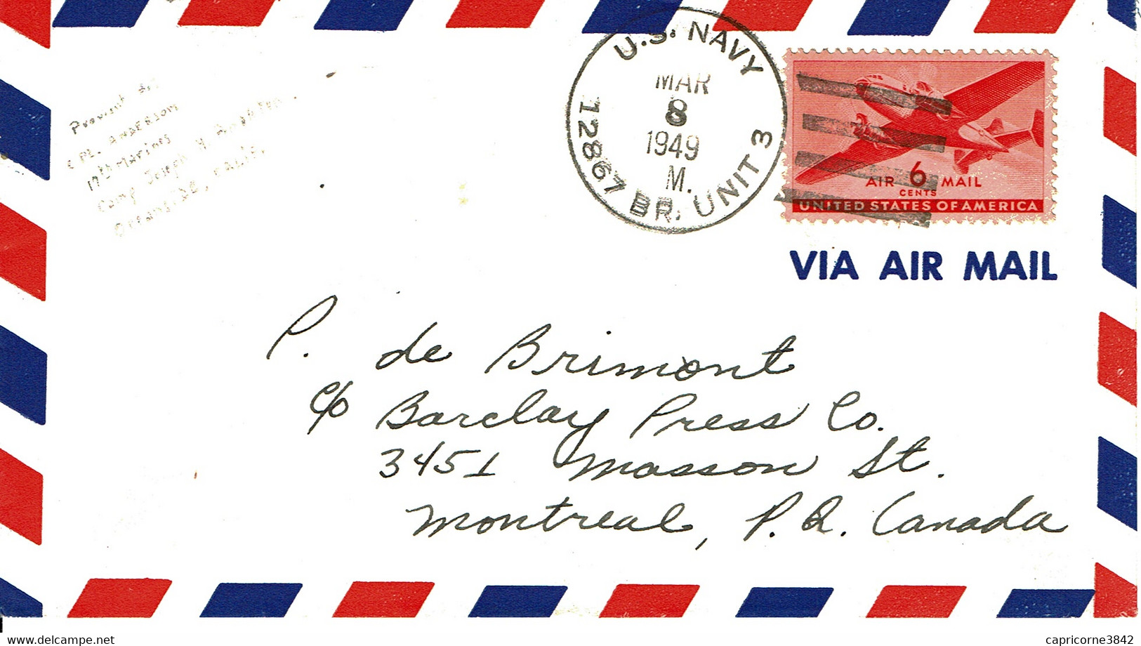 1949 - Lettre Avec Cachet "U.S. NAVY - 12867 BR. UNIT 3"  Pour Montréal (Canada) -  Tp Yvert N° 26 - Marcophilie