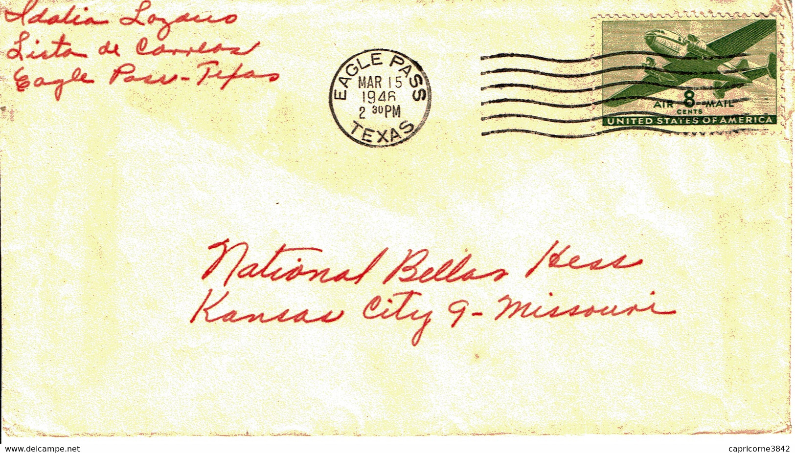 1946 - Lettre De EAGLE PASS (Texas) Pour Kansas City -  Tp Yvert N° 27  (Envelope Open On 3 Sides) - Marcofilie