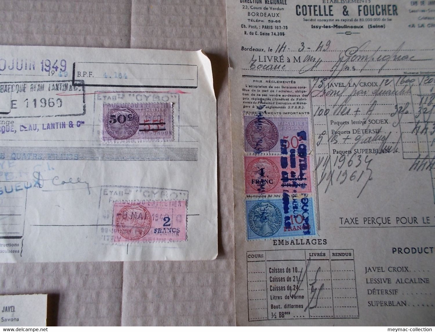 FISCAL FISCAUX TIMBRE 1948-49 SURCHARGE 262 264 270 Facture Lettre Change épicerie TOCANE Biscuiterie Colibri Daussy Méd - Altri & Non Classificati