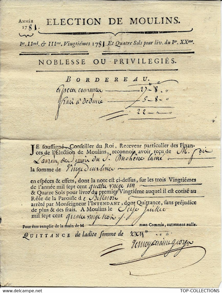 ANCIEN REGIME RECU IMPOT DU VINGTIEME 1781 ELECTION DE MOULIN PAROISSE DE BILLERON (?) B.E. V. SCANS - Historical Documents