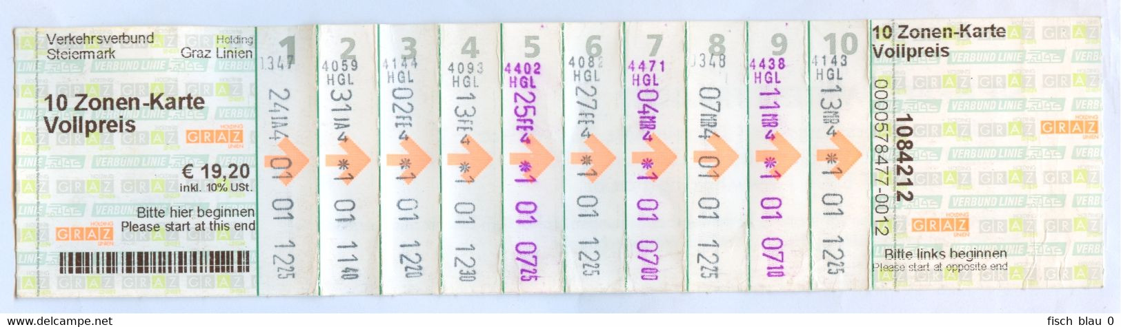 10-Zonen-Fahrkarte Fahrschein Graz 2014 GVB Straßenbahn Autobus Ticket Tramway - Europe