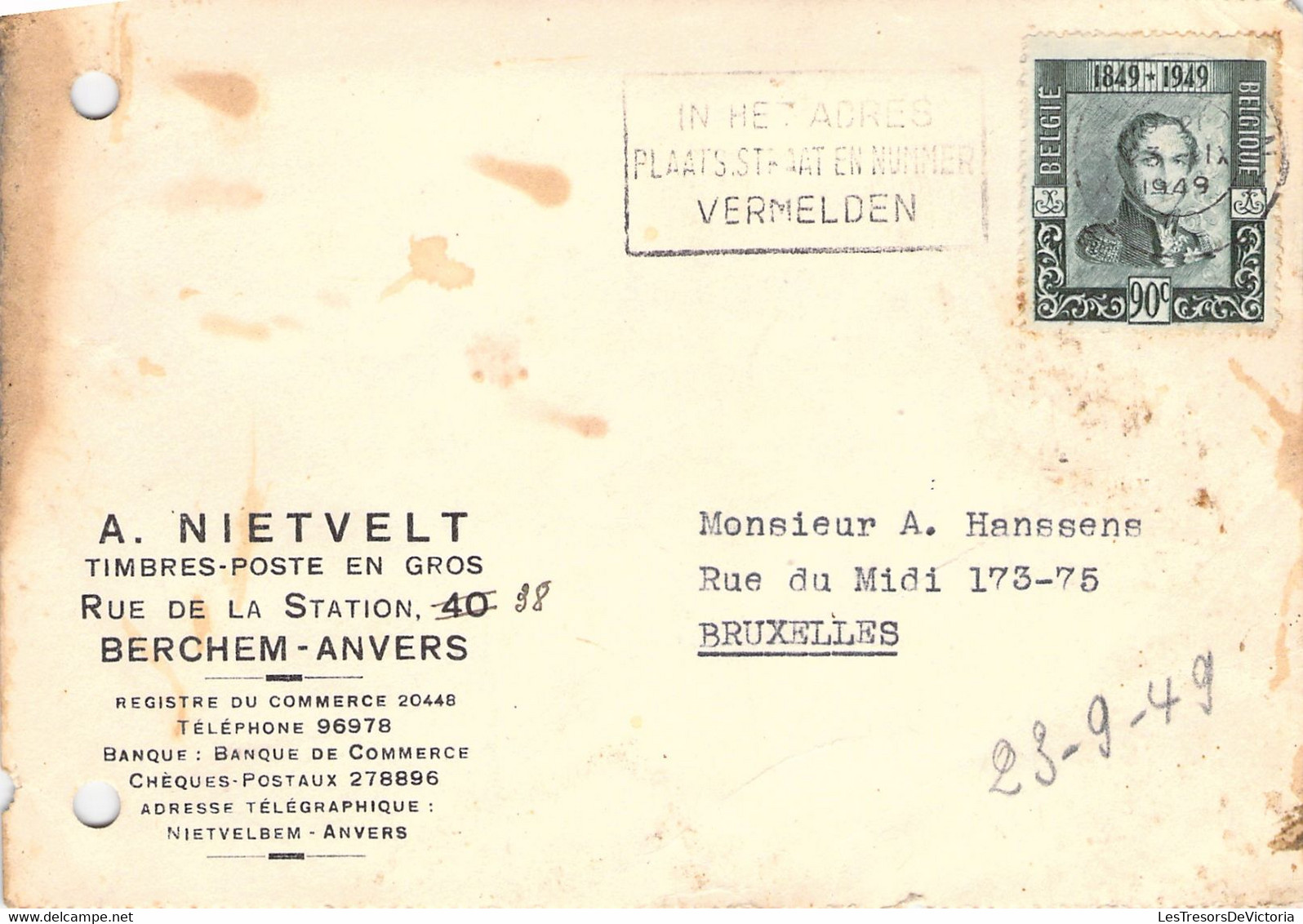 Belgique - COB 807 Sur Lettre - 1949 - Flamme - - Cartas & Documentos