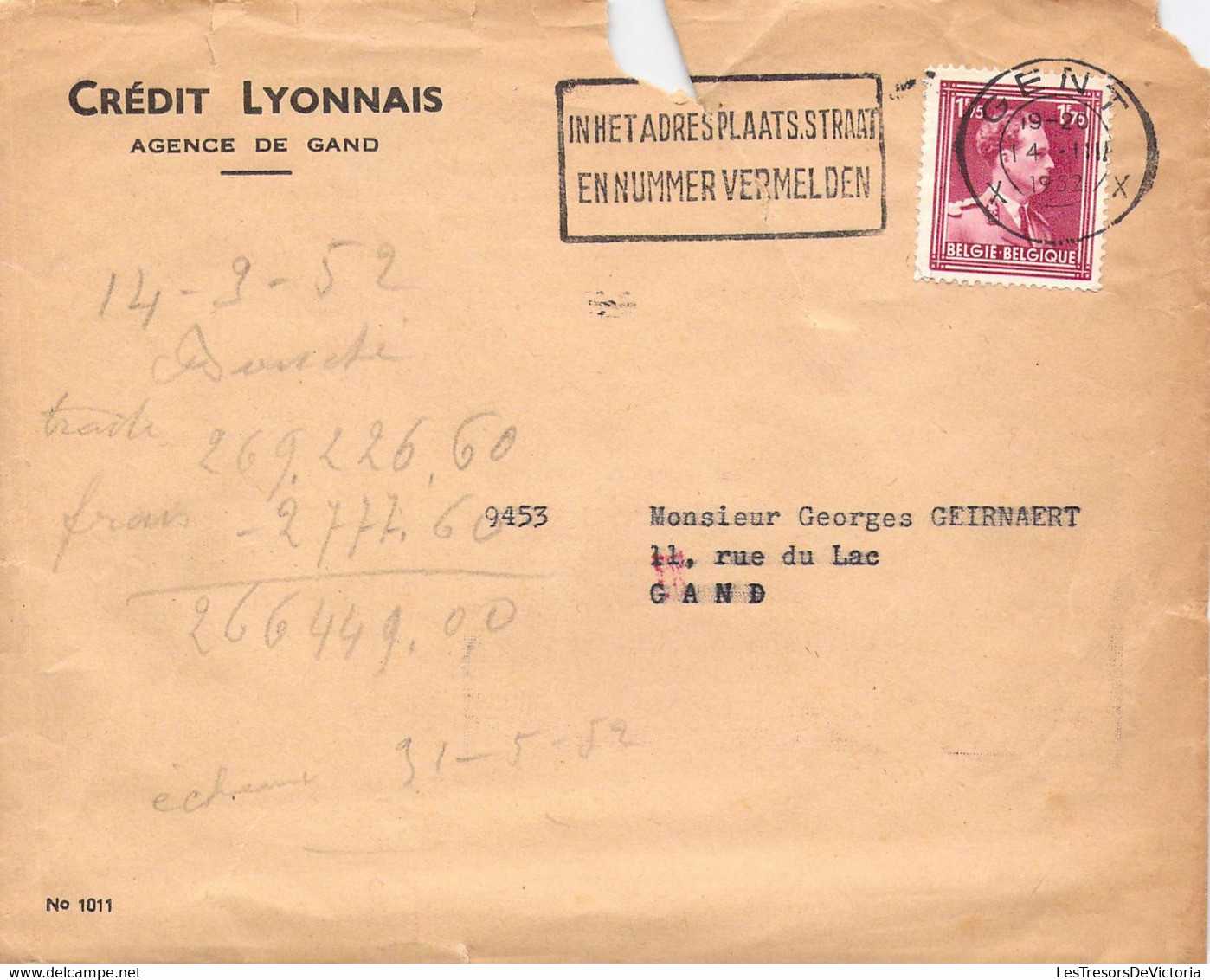 Belgique - COB 832 Sur Lettre - 1950 - Flamme - Enveloppe Du Credit Lyonnais Agence De Gand - Cartas & Documentos