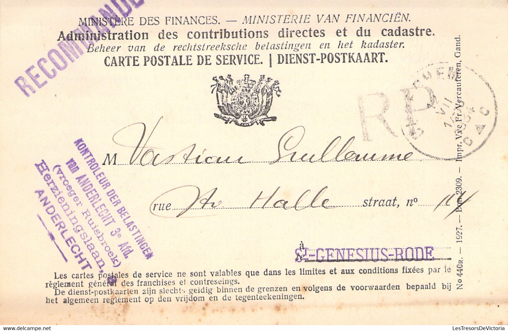 Belgique - Lot De 2 Cartes Postales De Service - Ministère Des Finances -St Genesius Rode - - Autres & Non Classés