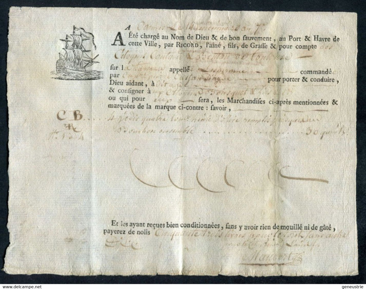 Connaissement Directoire 1798 - Lettre De Voiture Ou De Roulage An 7 - Cannes Pour Agde (Hérault) - Bill Of Lading - ... - 1799