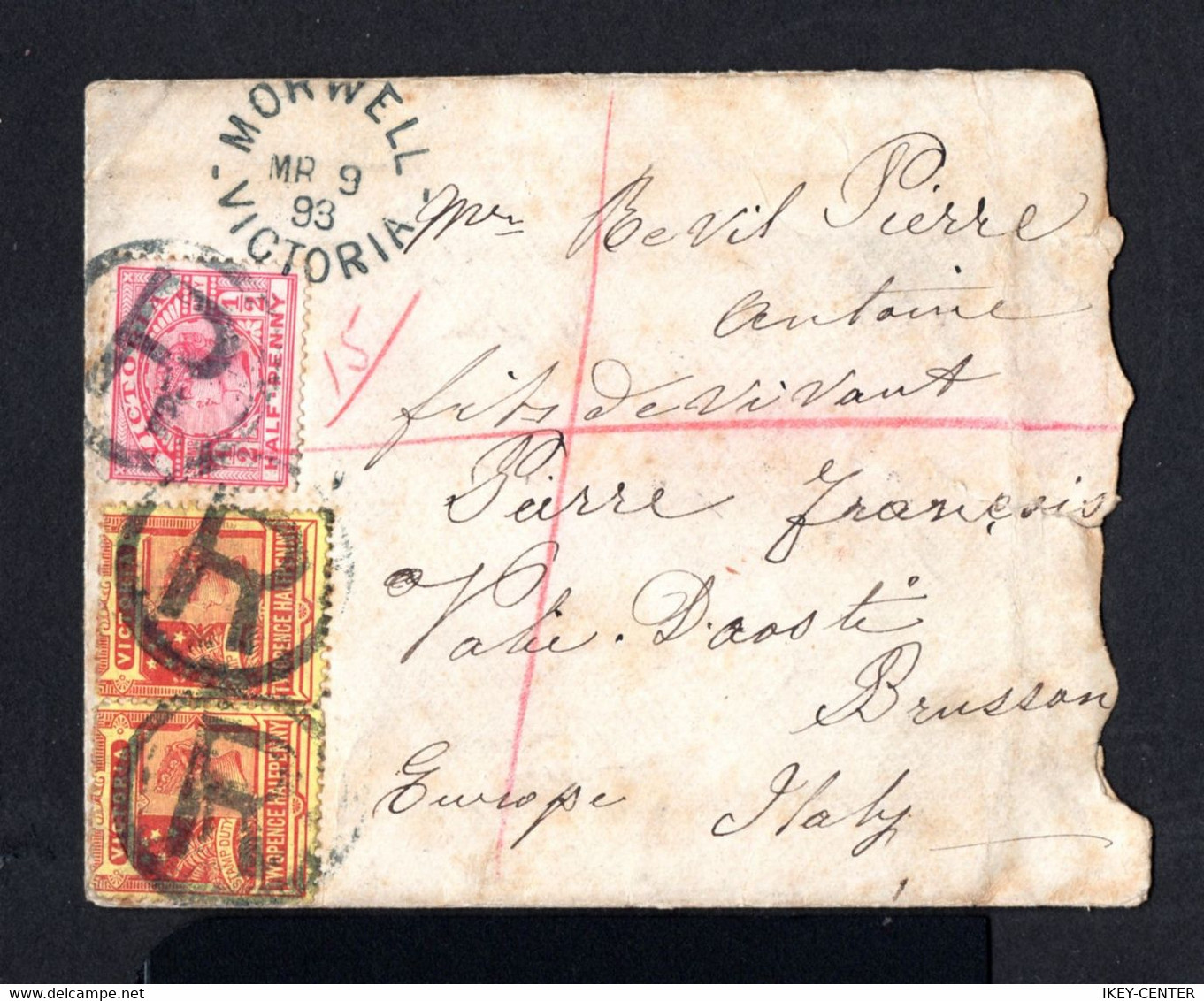 S4397-AUSTRALIA-VICTORIA-OLD COVER MORWELL To BRUSSON (italy).1893.BRITISH Colonies.Enveloppe RECOMMANDE - Lettres & Documents