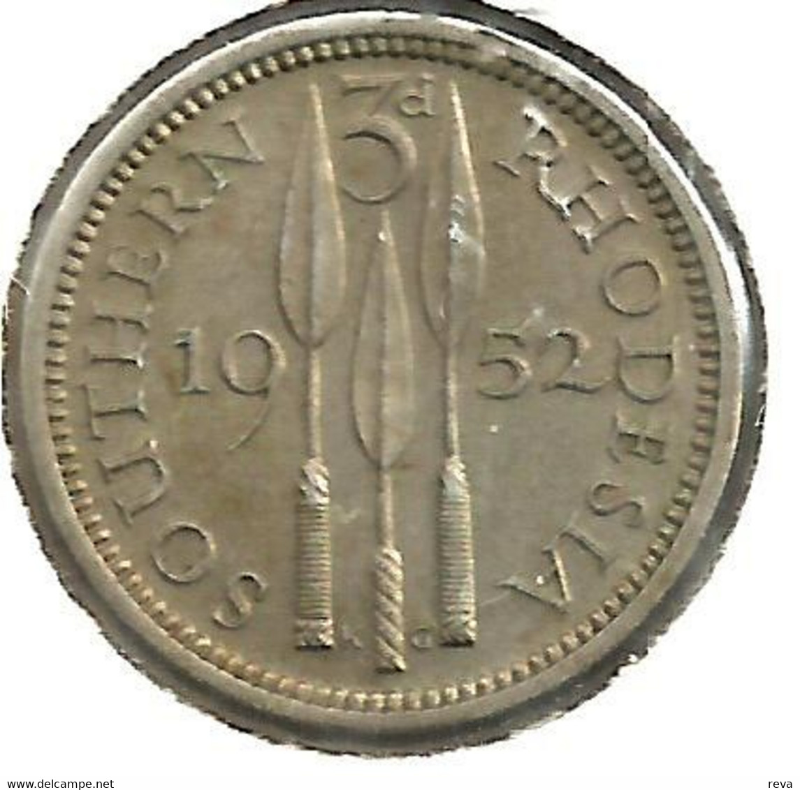 SOUTHERN RHODESIA BRITISH 3 PENCE SPEARS FRONT KGVI HEAD BACK 1952 EF SCARCE KM? READ DESCRIPTION CAREFULLY !!! - Rhodesia