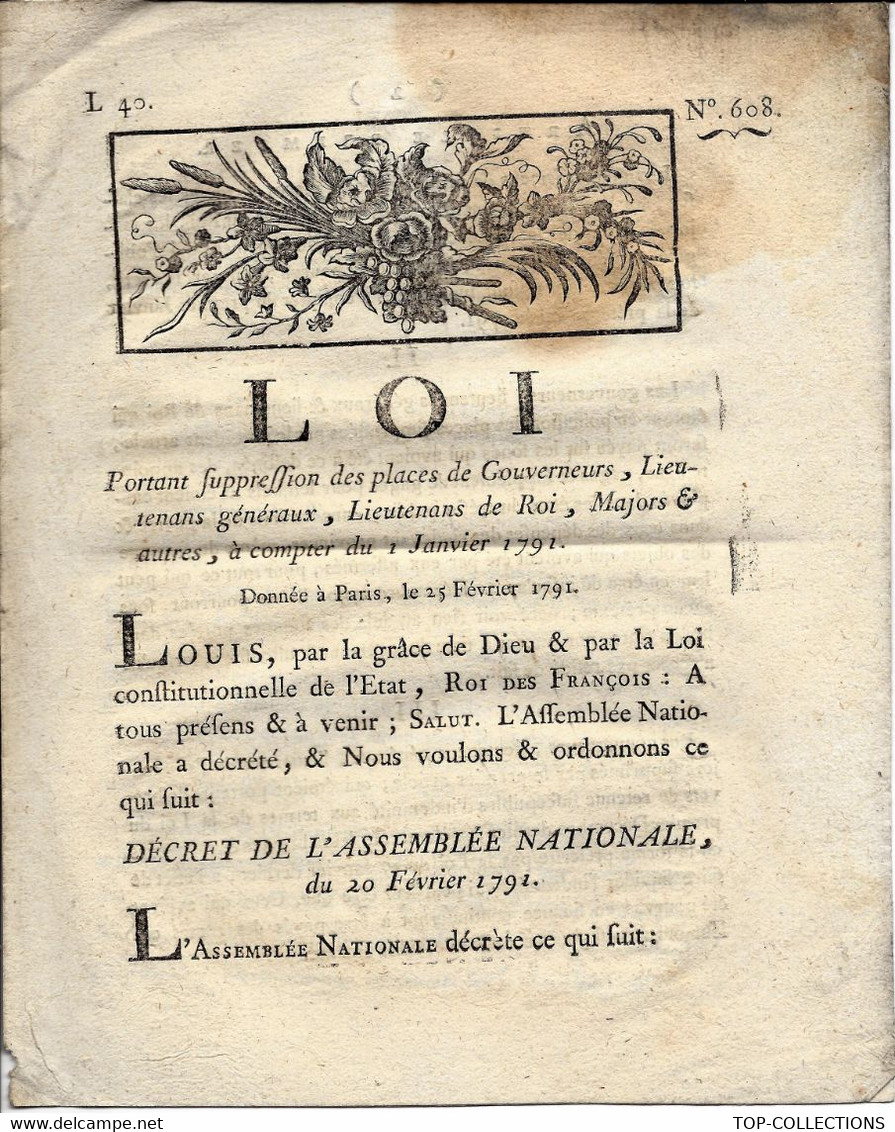 REVOLUTION RARE DECRET LOI 1791 REVOLUTION SUPRESSION GOUVERNEURS LIEUTENANTS GENERAUX ETC V.SCANS - Decretos & Leyes