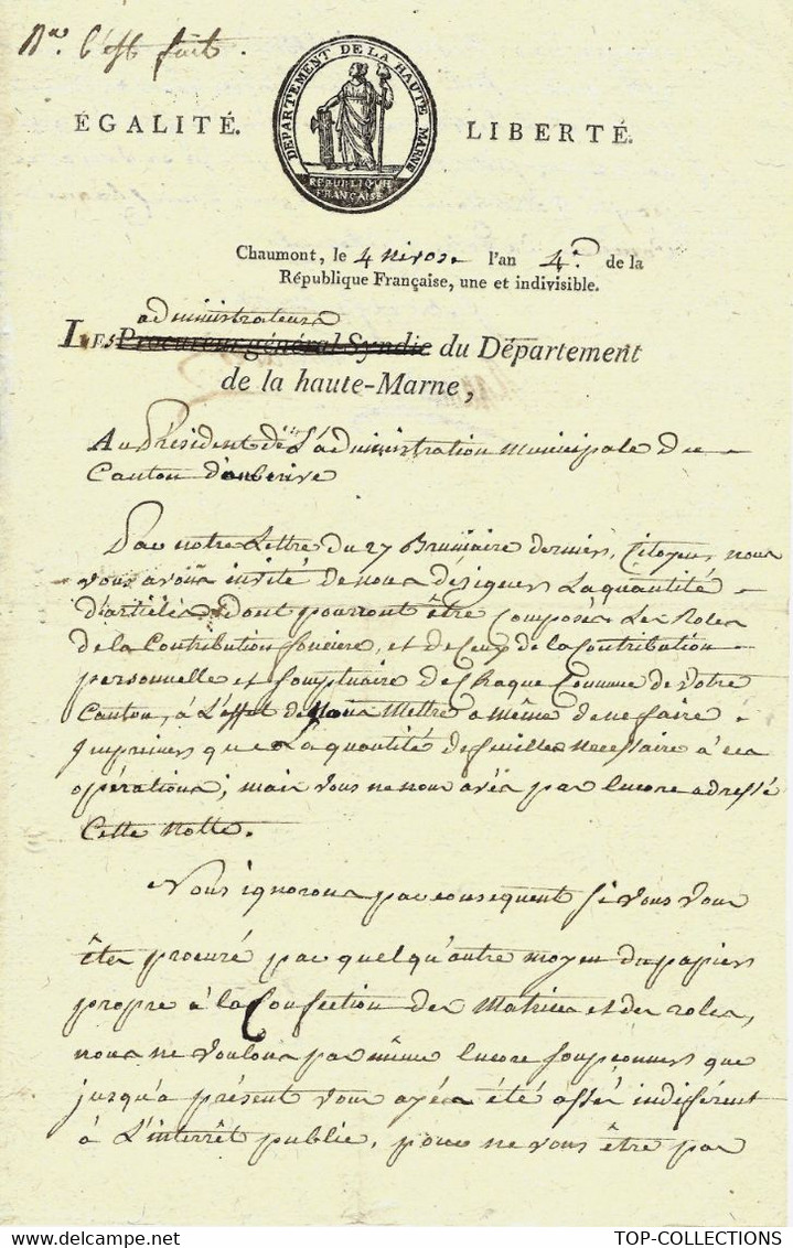 .1795 DEPARTEMENT DE HAUTE MARNE Pour Canton De Auberive RAPPEL A L'ORDRE POUR LES RÔLES DE CO - Historical Documents