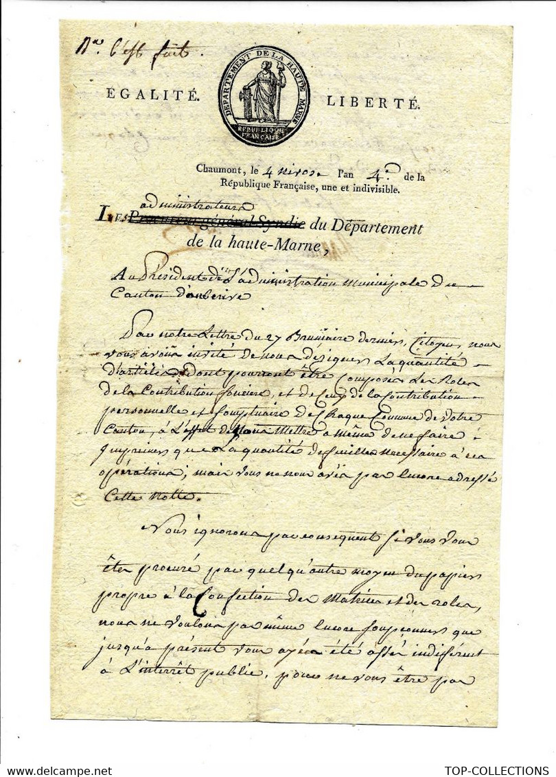 .1795 DEPARTEMENT DE HAUTE MARNE Pour Canton De Auberive RAPPEL A L'ORDRE POUR LES RÔLES DE CO - Historical Documents