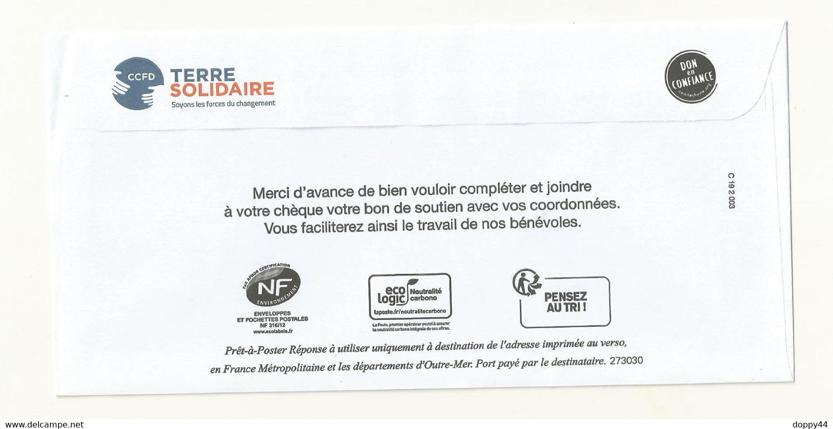 POSTREPONSE PRIO CCFD-TERRE SOLIDAIRE LOT 273030. - PAP: Ristampa/Marianne L'Engagée