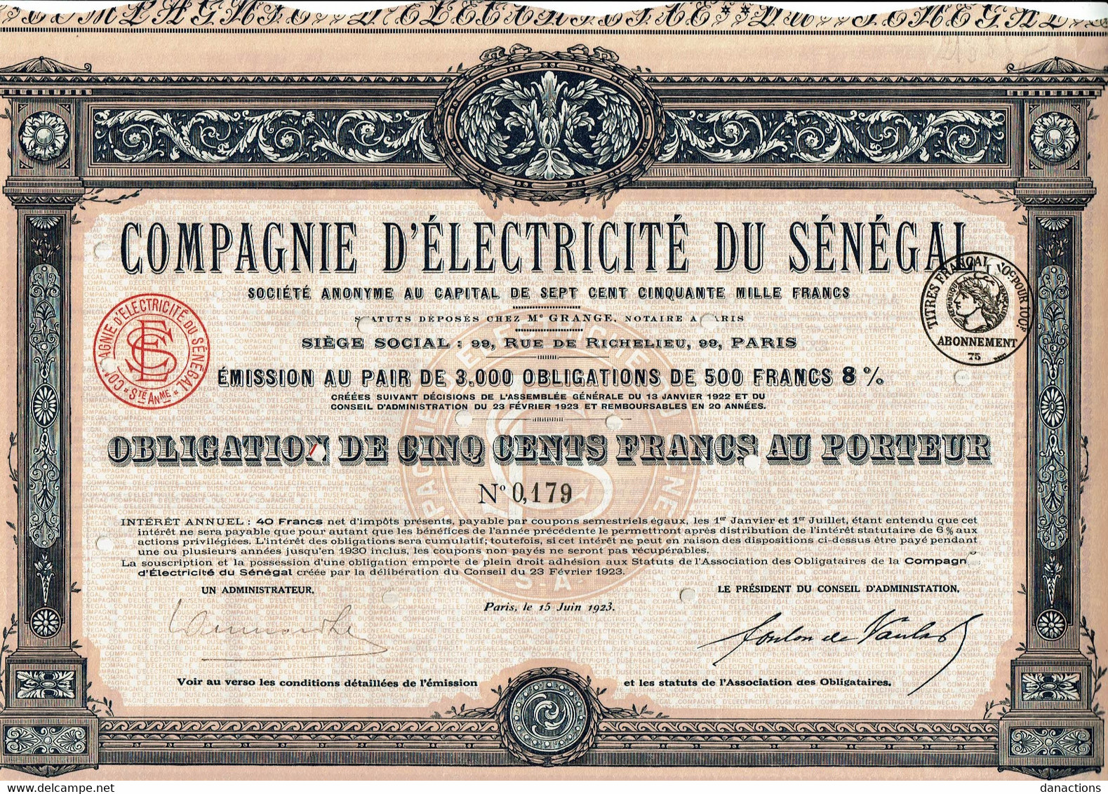 SENEGAL. ELECTRICITE DU SENEGAL. CIE D' ...  1923     Imprimerie RICHARD - Sonstige & Ohne Zuordnung