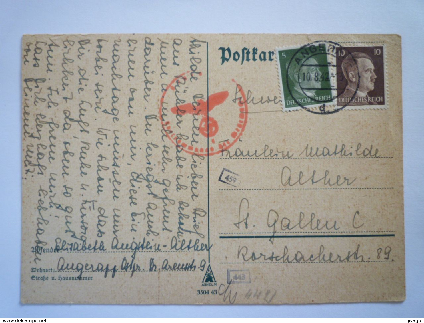 2022 - 2248  POSTKARTE  Au Départ De ANGERAPP  à Destination De ST GALLEN  (Suisse)  1942   XXX - Covers & Documents