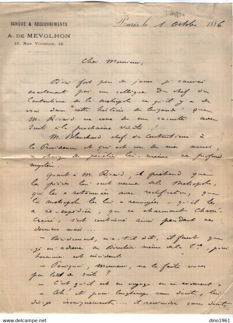 VP19.561 - 1888 - Banque & Recouvrements A. De MEVOLHON à PARIS - Lettre De Mr De BOISSE à Mr SENNE - DESJARDINS - Bank En Verzekering