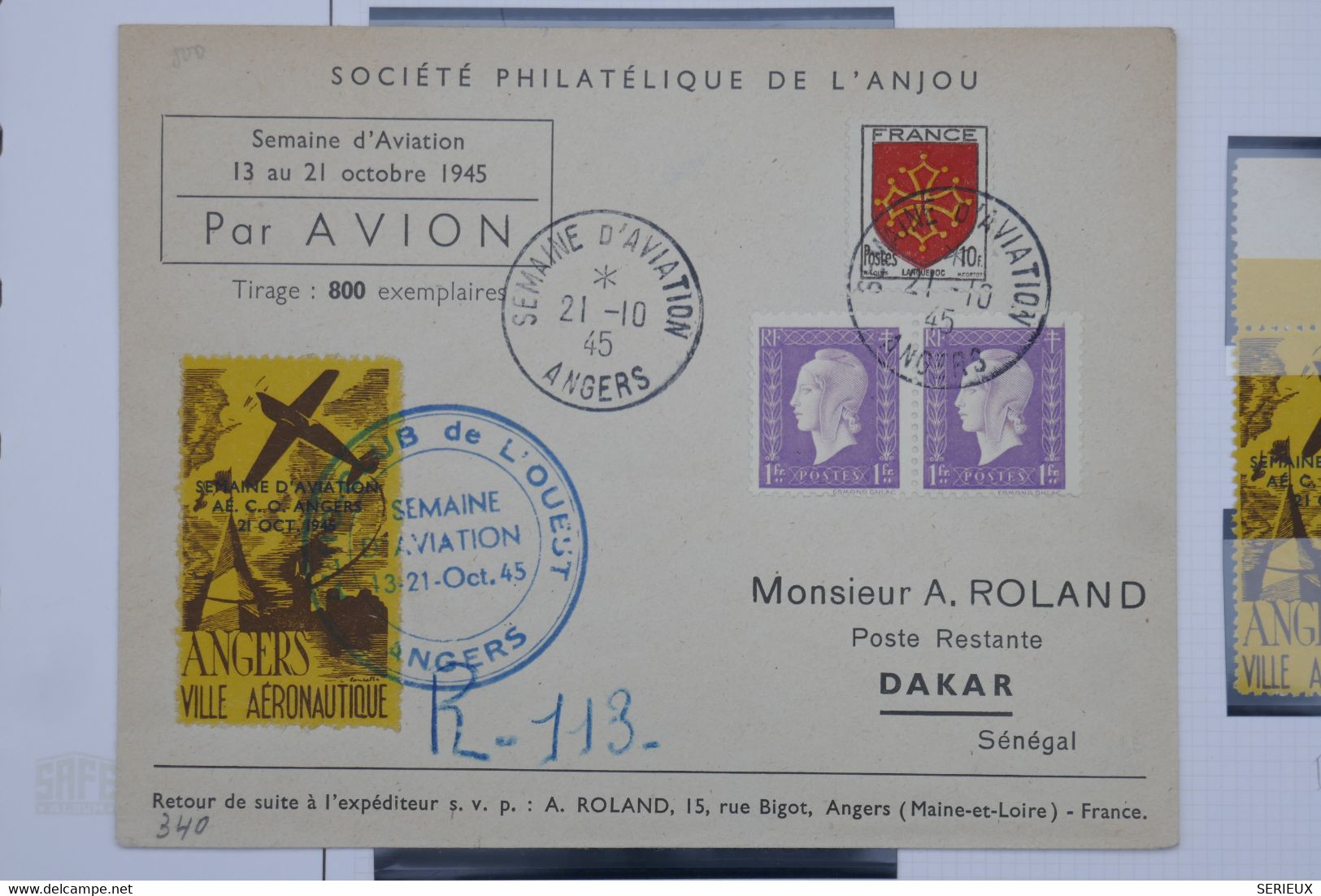 C1 FRANCE BELLE LETTRE  1945 SEMAINE D AVIATION ANGERS POUR DAKAR SENEGAL  ++VIGNET+  PAIRE DE DULAC +AFFRANCH. PLAISANT - 1960-.... Storia Postale