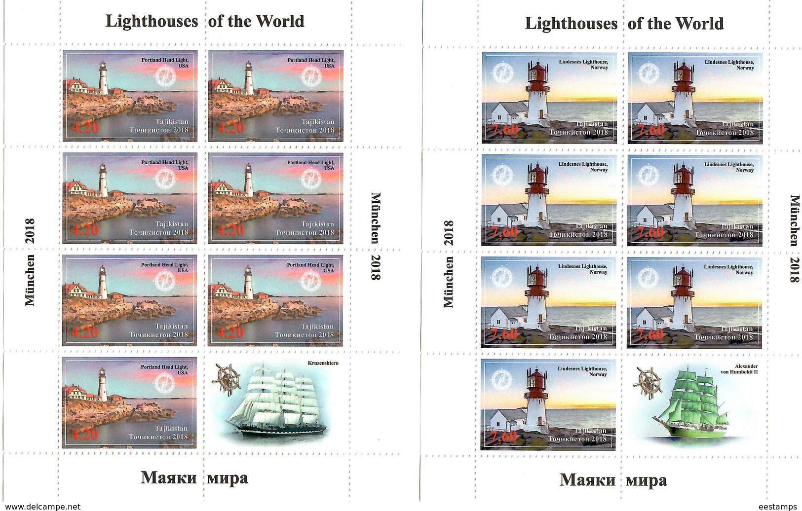 Tajikistan.2018 Lighthouses(Sailboats). 6 Sheetlets, Each Of 7+label - Tajikistan